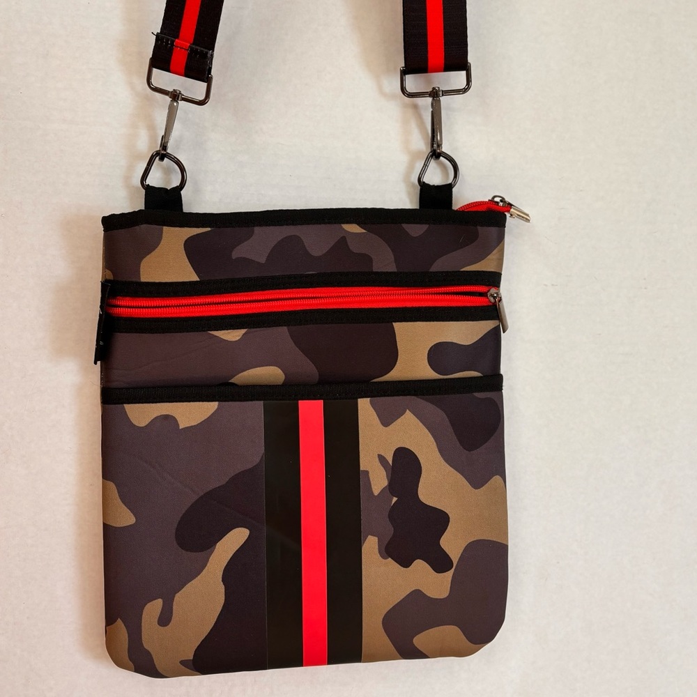 Camo w/red,neoprene crossbody bag. Adjustable/removable strap. Light, ez 2 clean